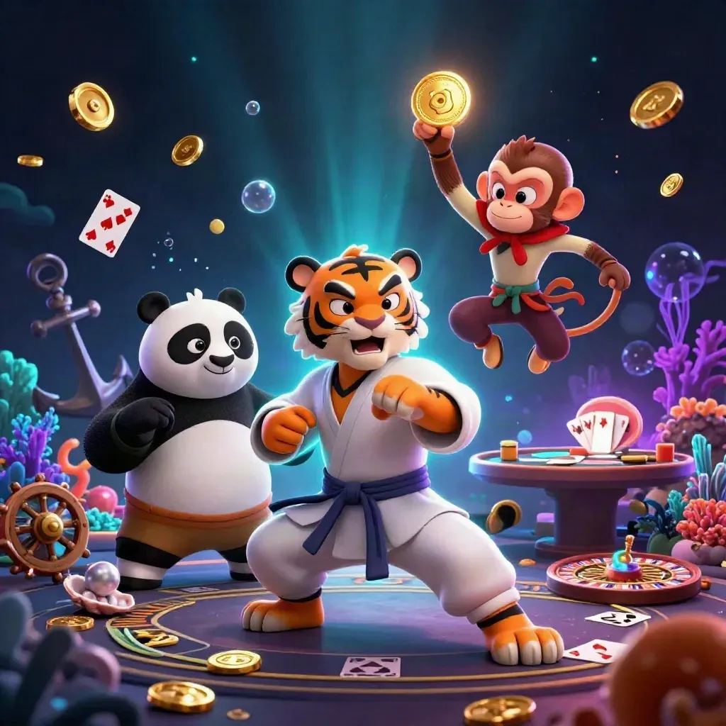 Harimau kung-fu, panda, dan monyet di harta karun bawah laut bernuansa emas, cyan, dan ungu.