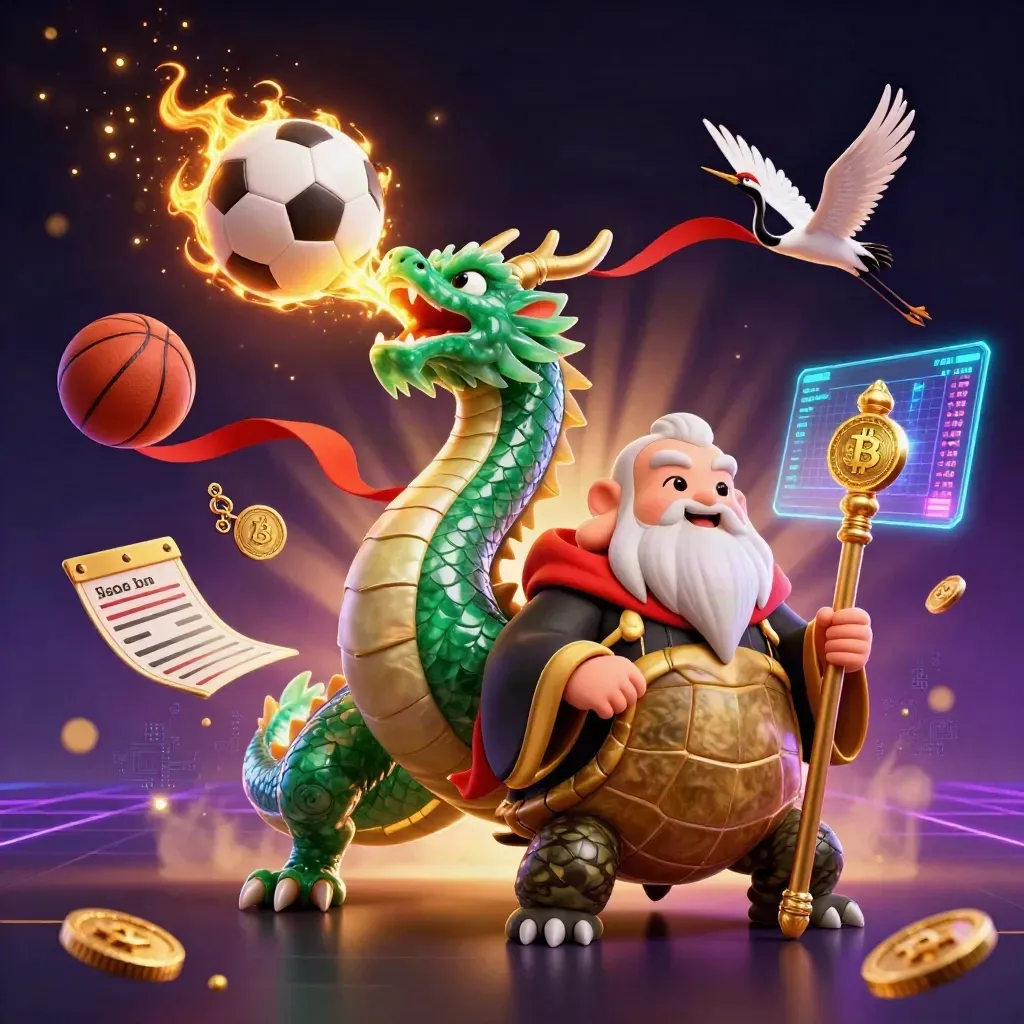 Naga giok emas, kura-kura bijak, bangau, bola sepak, dan efek kasino neon.
