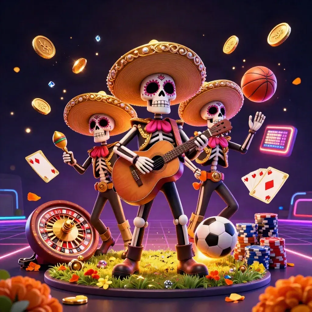 Tiga kerangka mariachi, bola sepak dan basket, koin emas, latar neon kasino