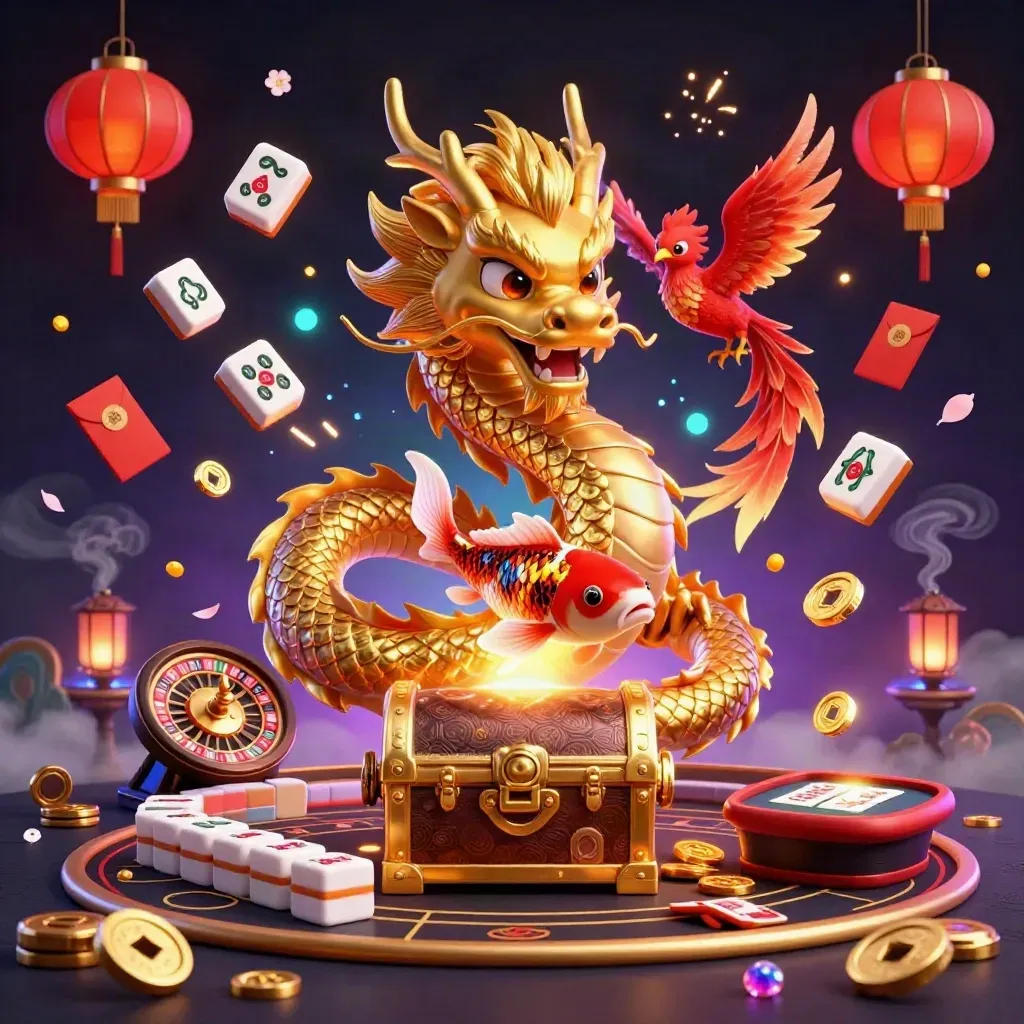 Naga emas 3D, burung phoenix merah, ikan koi, dan harta kasino neon di ruang mewah.