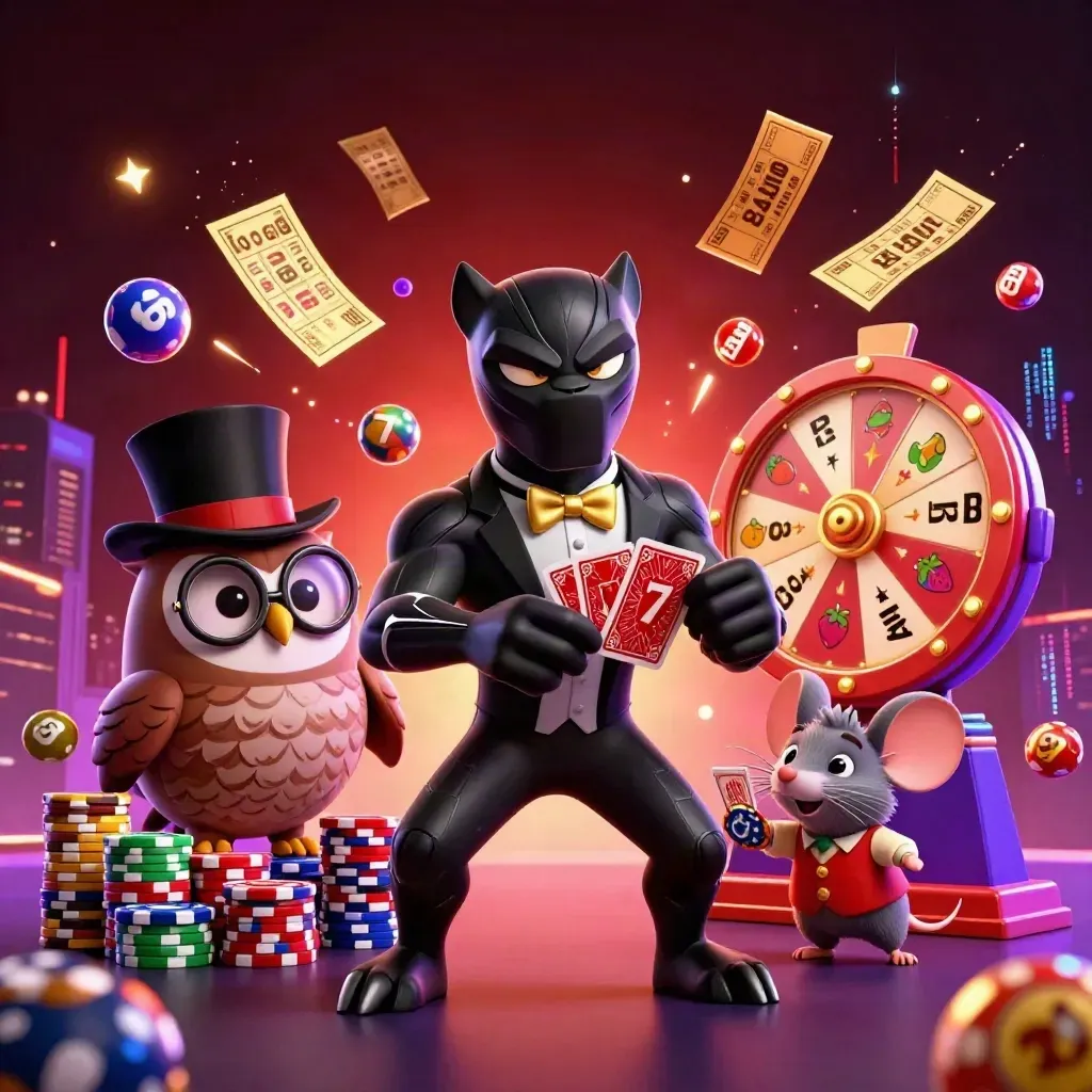 Harimau hitam, burung hantu, dan tikus keberuntungan dikelilingi chip, bola, dan lampu neon.
