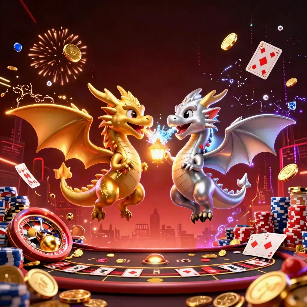 Naga emas dan perak berputar di tengah koin, roulette, dan efek neon kasino.