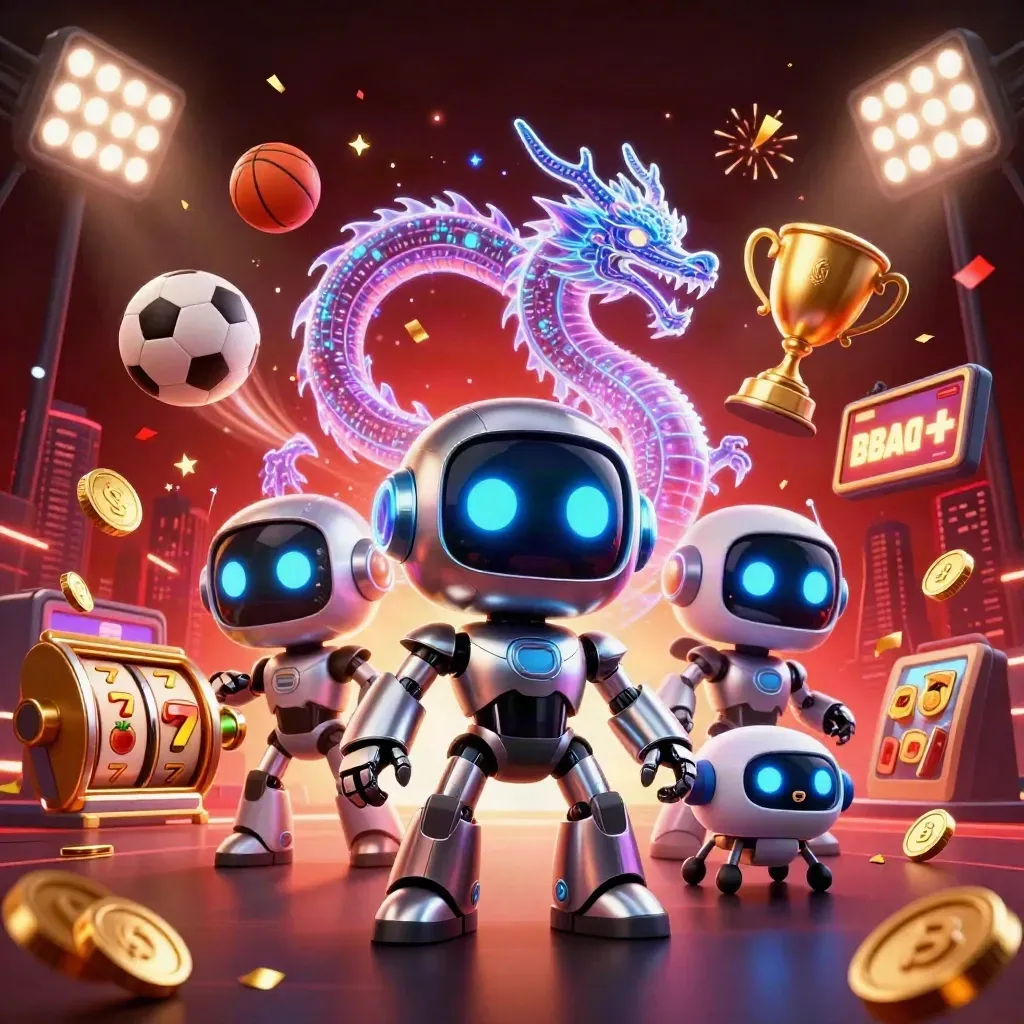 Robot cyberpunk, naga hologram, dan drone koin dikelilingi bola, koin, dan efek kasino neon.