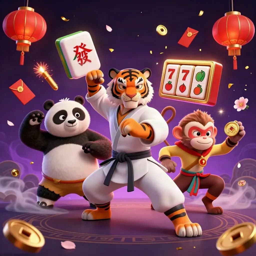 Tiga karakter kung-fu kartun di tengah, dikelilingi simbol slot, lampion, dan efek magis neon.